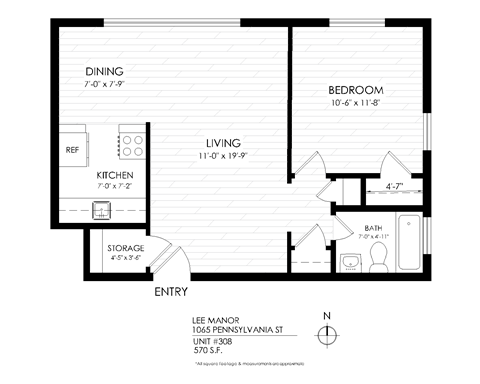 Floor plan for 1 bed, 1 bath, 590 sqft
